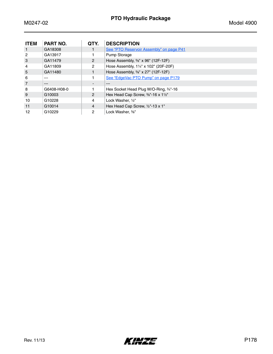 Pto hydraulic package, P178 | Kinze 4900 Front Folding Planter Rev. 3/14 User Manual | Page 181 / 280