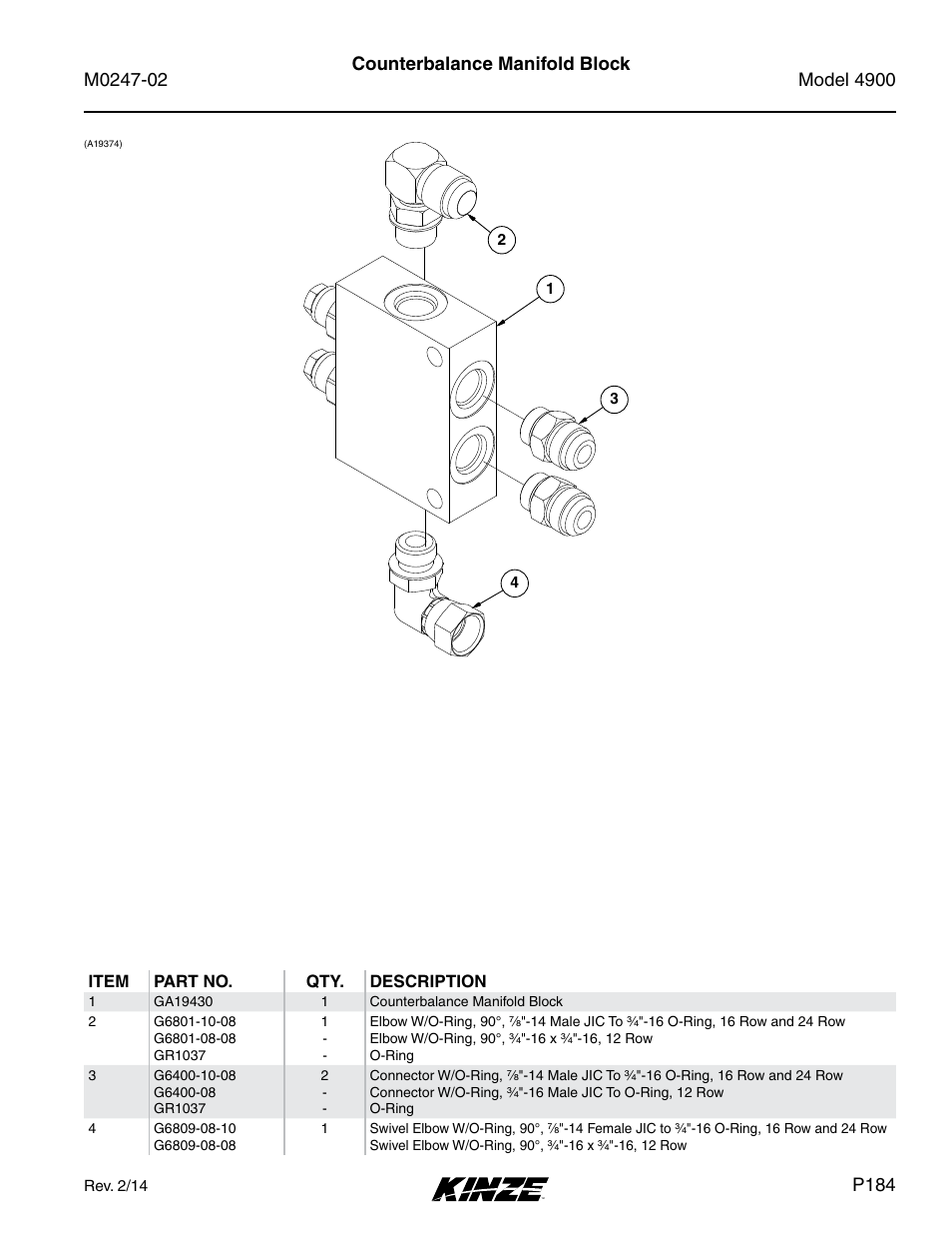 Counterbalance manifold block, P184 | Kinze 4900 Front Folding Planter Rev. 3/14 User Manual | Page 187 / 280