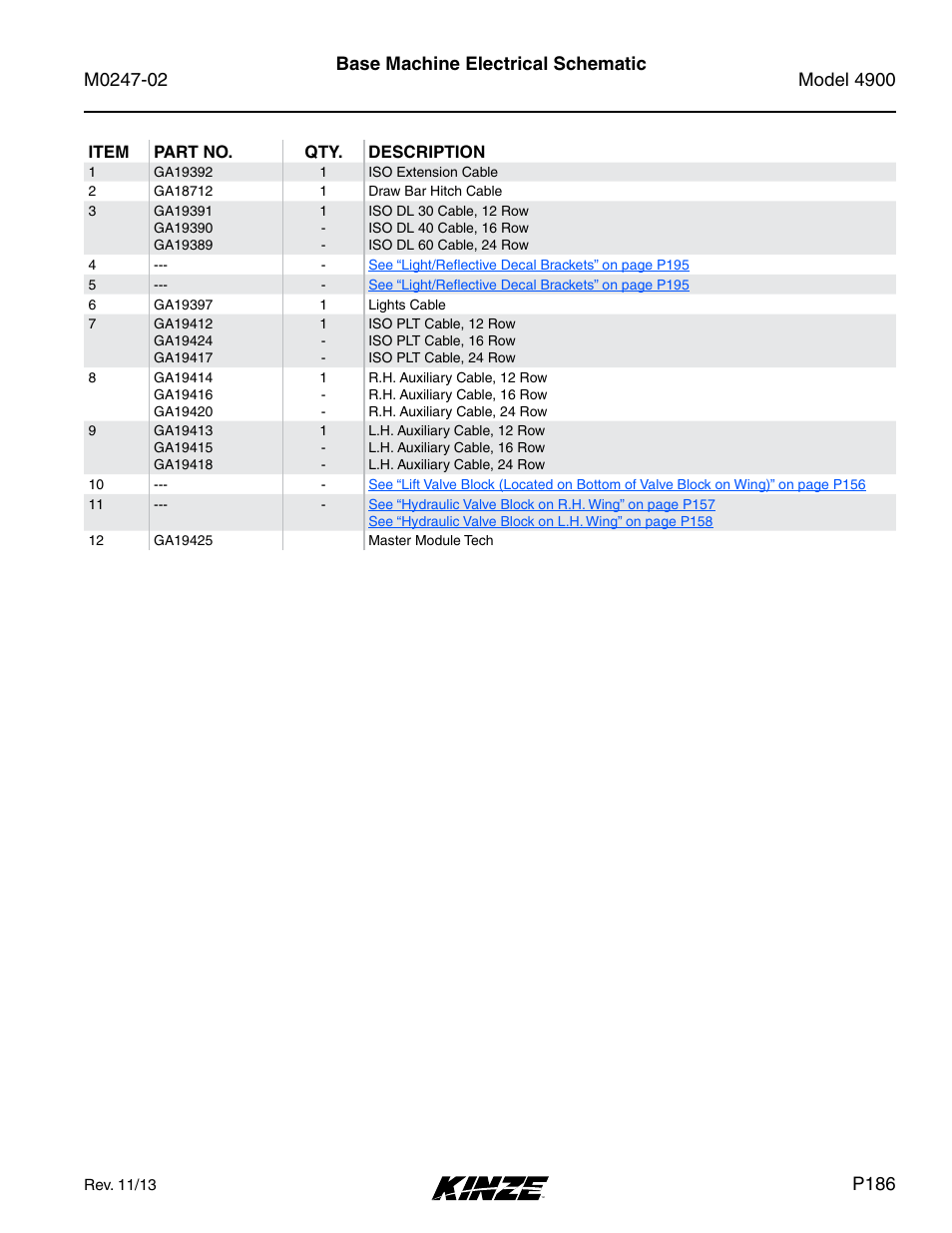 Base machine electrical schematic, P186 | Kinze 4900 Front Folding Planter Rev. 3/14 User Manual | Page 189 / 280