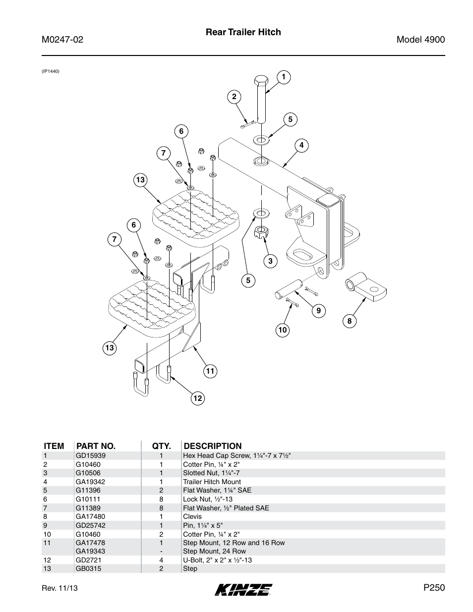 Rear trailer hitch, P250 | Kinze 4900 Front Folding Planter Rev. 3/14 User Manual | Page 253 / 280