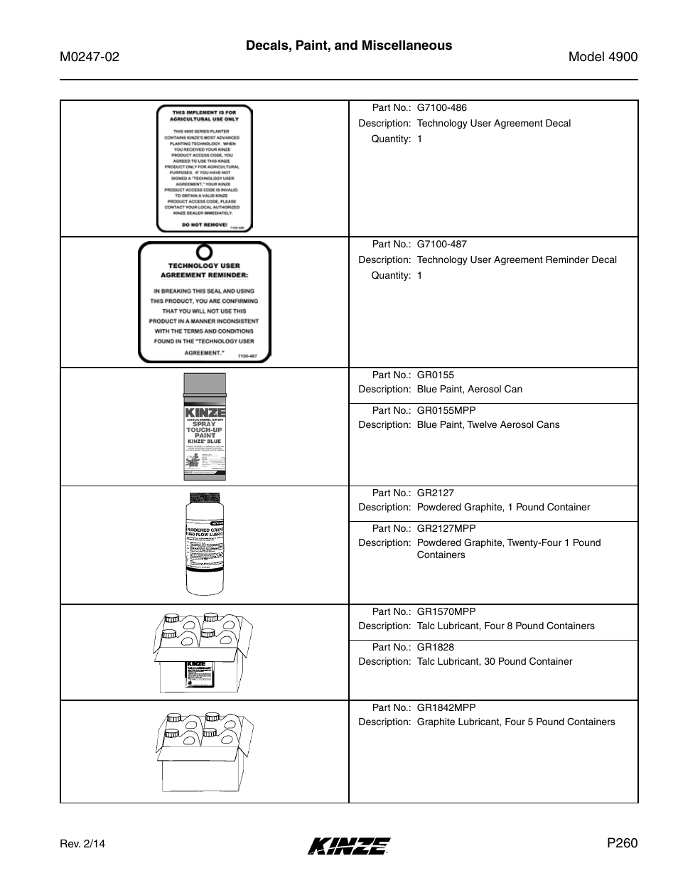 Decals, paint, and miscellaneous, P260 | Kinze 4900 Front Folding Planter Rev. 3/14 User Manual | Page 263 / 280
