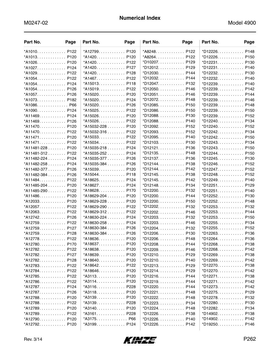 Numerical index | Kinze 4900 Front Folding Planter Rev. 3/14 User Manual | Page 265 / 280