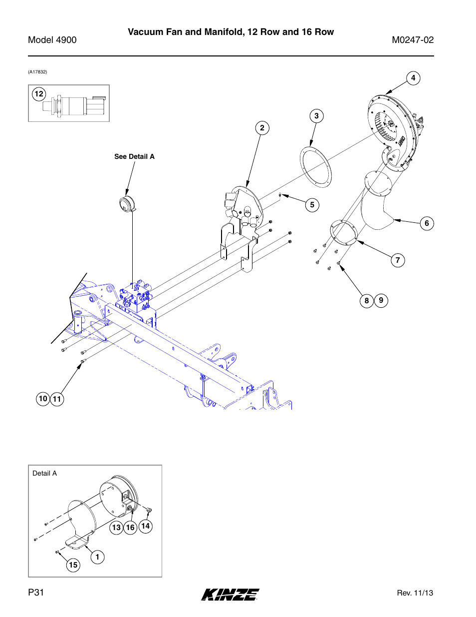 Vacuum system, Vacuum fan and manifold, 12 row and 16 row | Kinze 4900 Front Folding Planter Rev. 3/14 User Manual | Page 34 / 280