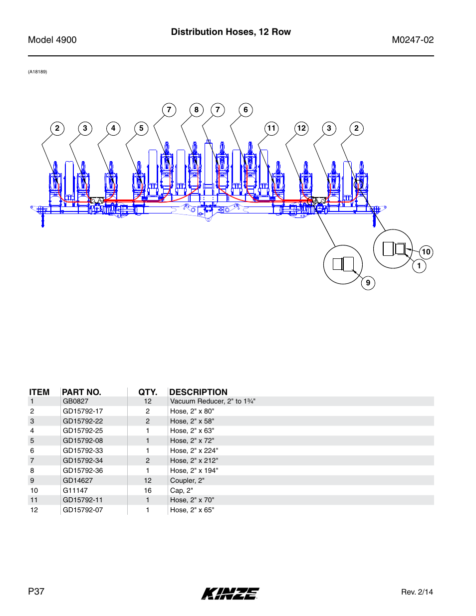 Distribution hoses, 12 row | Kinze 4900 Front Folding Planter Rev. 3/14 User Manual | Page 40 / 280