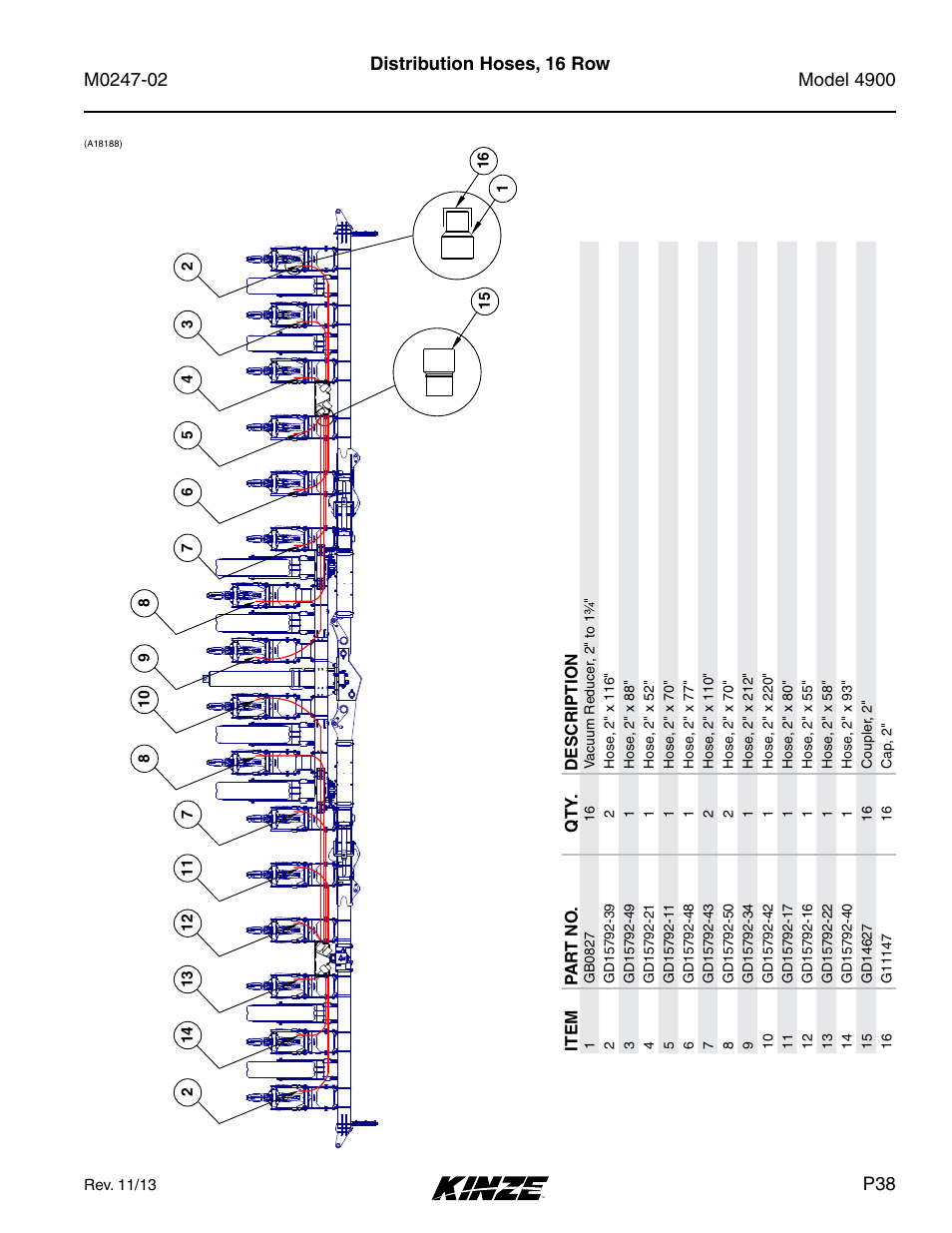 Distribution hoses, 16 row | Kinze 4900 Front Folding Planter Rev. 3/14 User Manual | Page 41 / 280