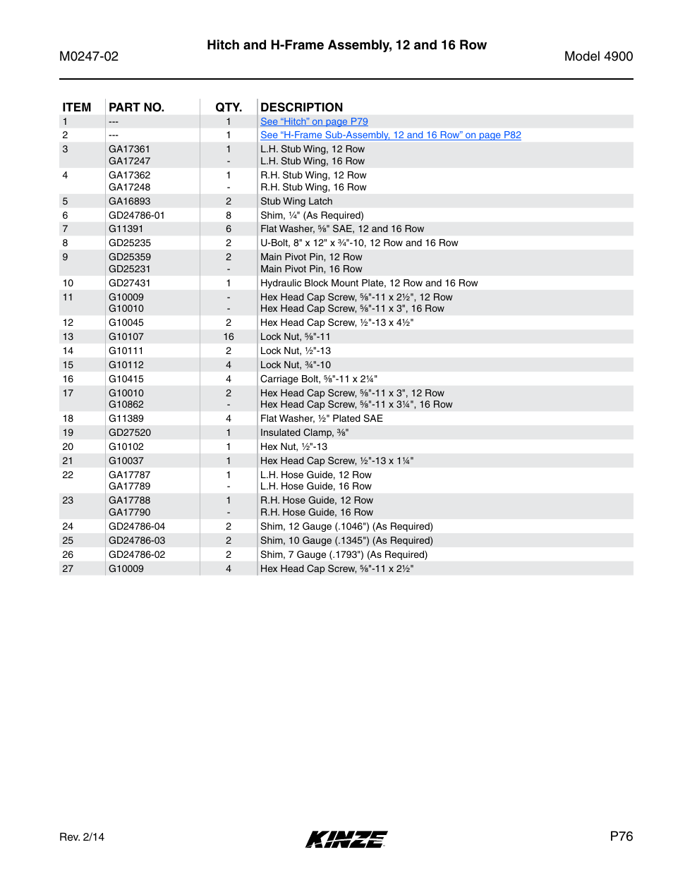 Hitch and h-frame assembly, 12 and 16 row | Kinze 4900 Front Folding Planter Rev. 3/14 User Manual | Page 79 / 280
