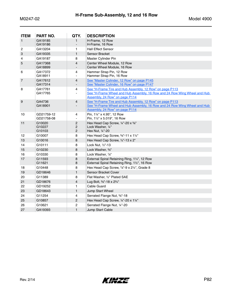 H-frame sub-assembly, 12 and 16 row | Kinze 4900 Front Folding Planter Rev. 3/14 User Manual | Page 85 / 280