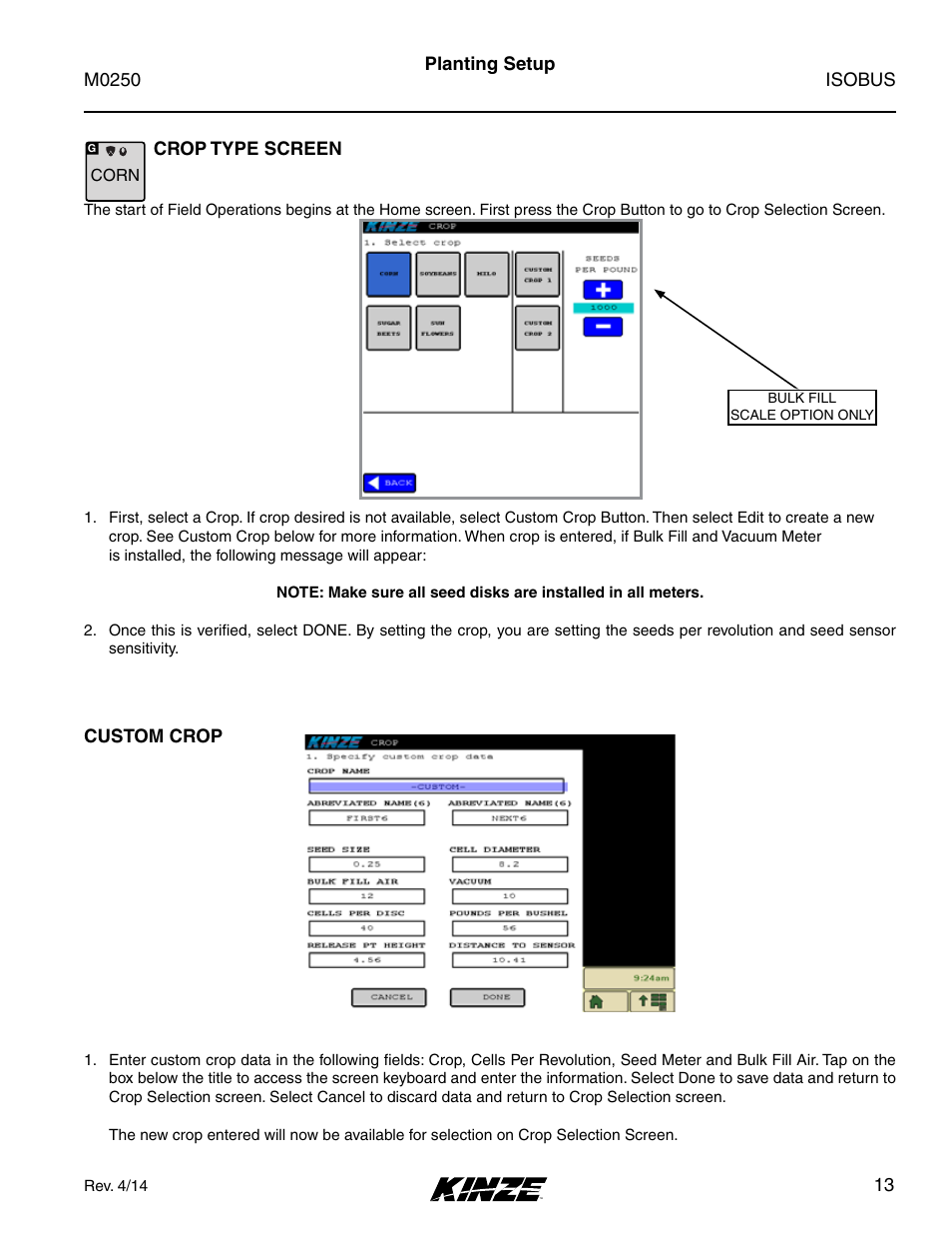 Planting setup, Custom crop, Crop type screen | Custom crop crop type screen | Kinze ISOBUS Electronics Package (4900) Rev. 4/14 User Manual | Page 17 / 60