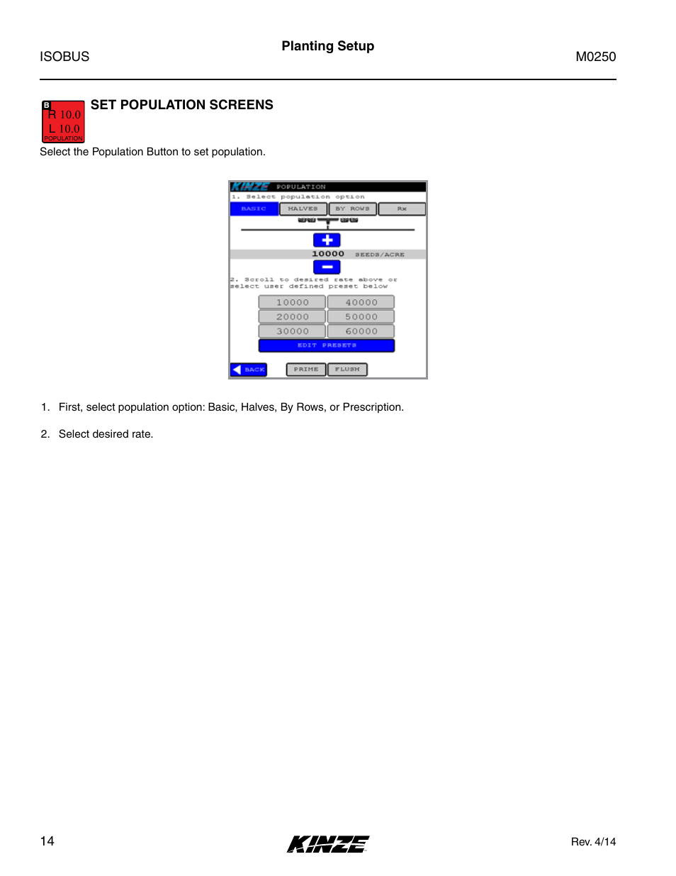 Set population screens | Kinze ISOBUS Electronics Package (4900) Rev. 4/14 User Manual | Page 18 / 60