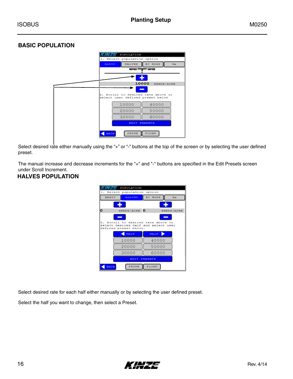 Basic population, Halves population, Basic population halves population | Kinze ISOBUS Electronics Package (4900) Rev. 4/14 User Manual | Page 20 / 60