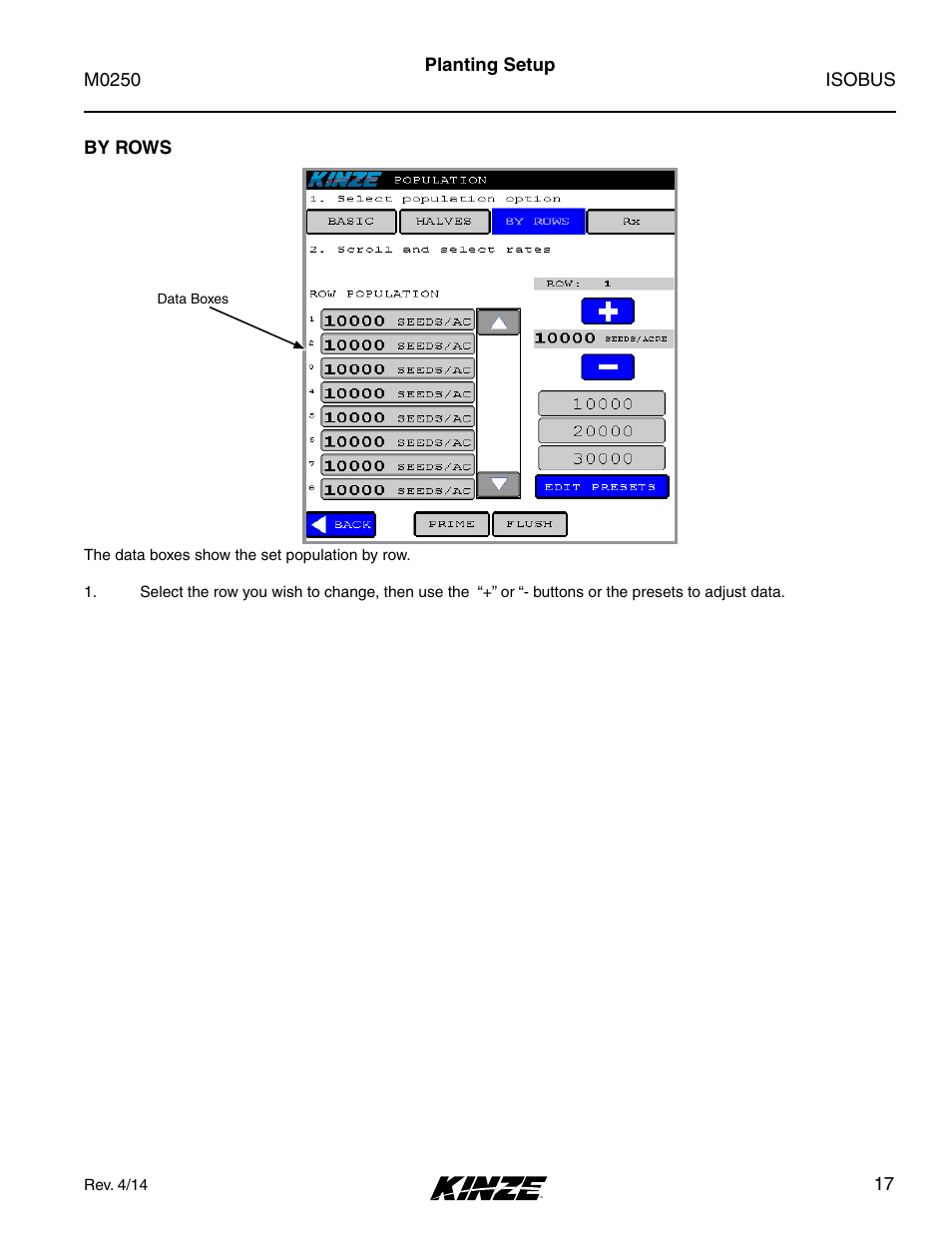By rows | Kinze ISOBUS Electronics Package (4900) Rev. 4/14 User Manual | Page 21 / 60
