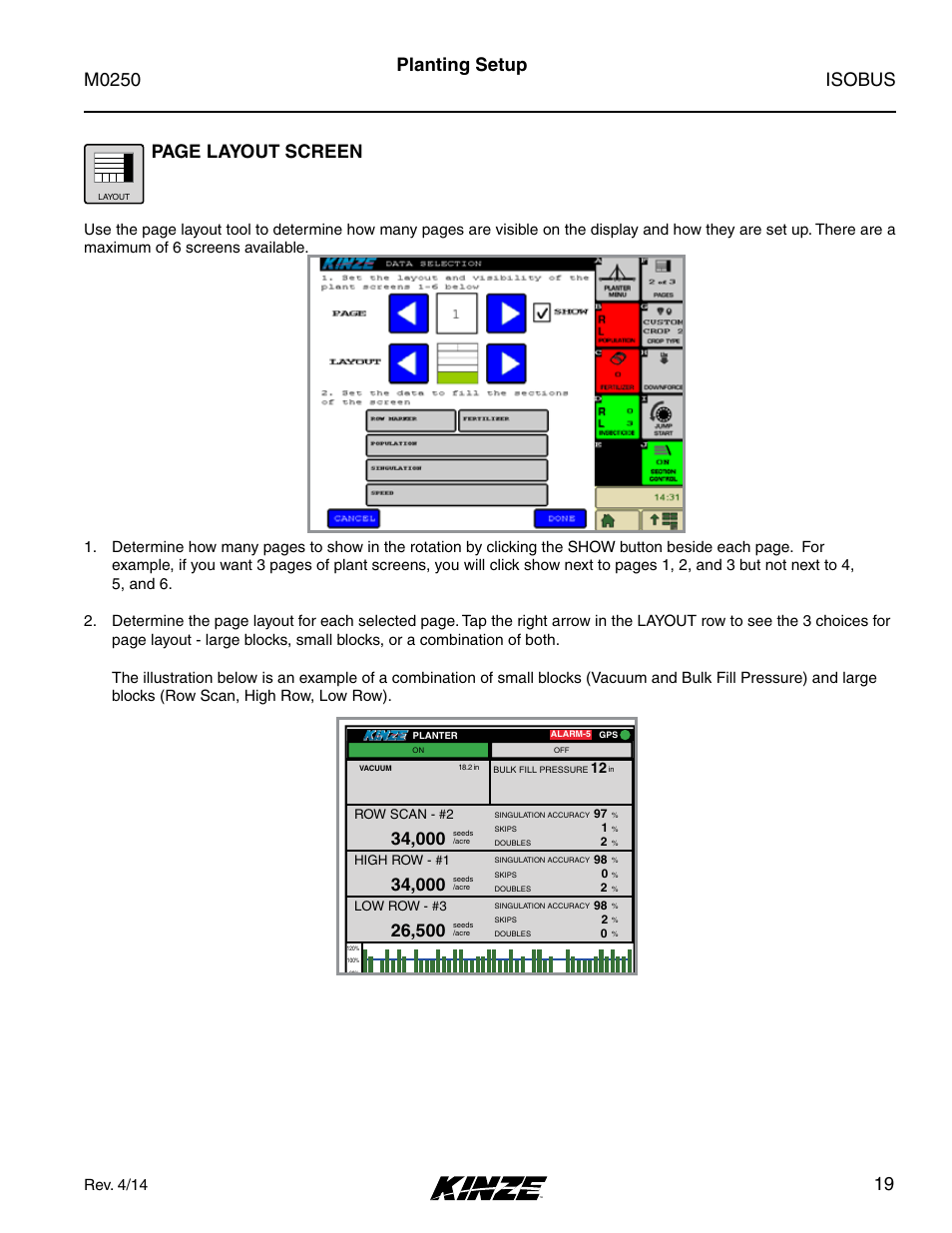 Isobus m0250, Planting setup, Page layout screen | Rev. 4/14, Row scan - #2, High row - #1, Low row - #3, Norm 2.5, 10 1 of 4, Corn | Kinze ISOBUS Electronics Package (4900) Rev. 4/14 User Manual | Page 23 / 60