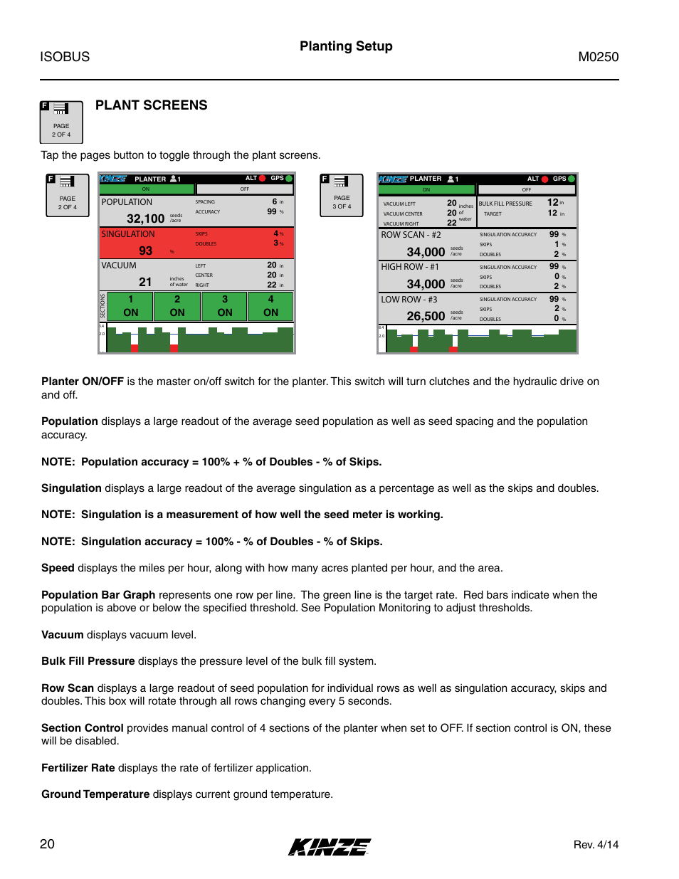 Plant screens, Planting setup, Rev. 4/14 | 1on 2 on 3 on 4 on | Kinze ISOBUS Electronics Package (4900) Rev. 4/14 User Manual | Page 24 / 60