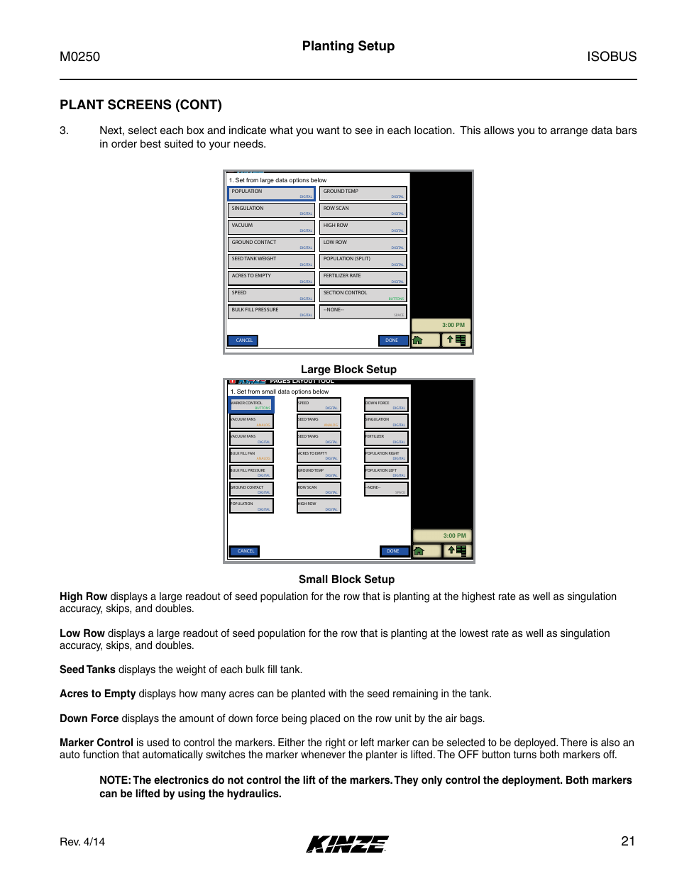 Isobus m0250, 21 planting setup, Plant screens (cont) | Rev. 4/14, Large block setup small block setup | Kinze ISOBUS Electronics Package (4900) Rev. 4/14 User Manual | Page 25 / 60