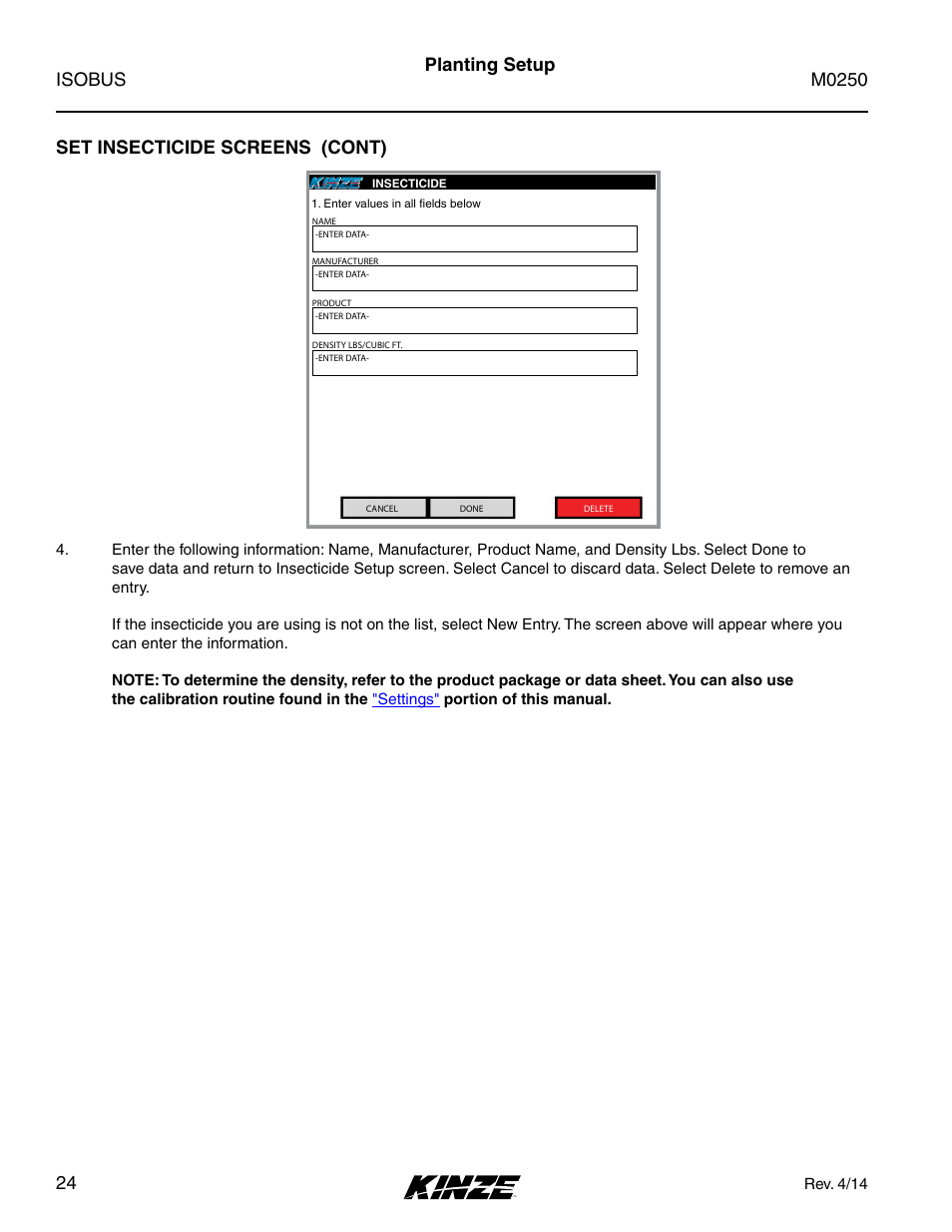 Set insecticide screens (cont), Planting setup | Kinze ISOBUS Electronics Package (4900) Rev. 4/14 User Manual | Page 28 / 60