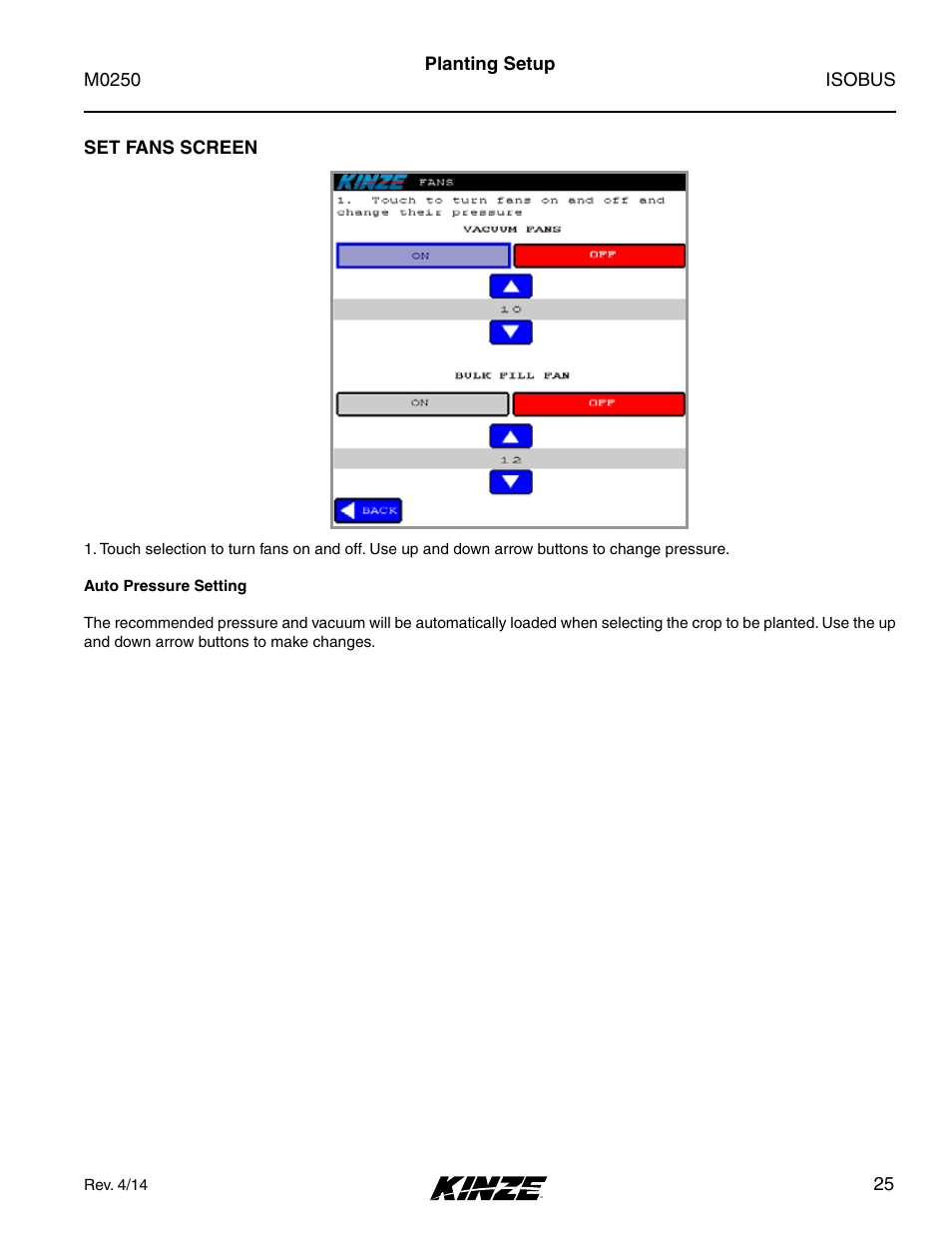 Set fans screen | Kinze ISOBUS Electronics Package (4900) Rev. 4/14 User Manual | Page 29 / 60