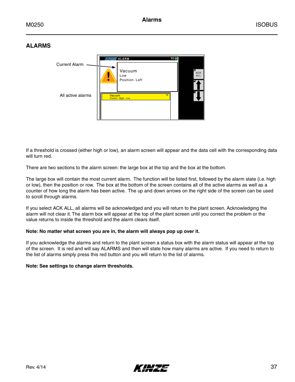 Alarms, Isobus m0250, 37 alarms | Kinze ISOBUS Electronics Package (4900) Rev. 4/14 User Manual | Page 41 / 60