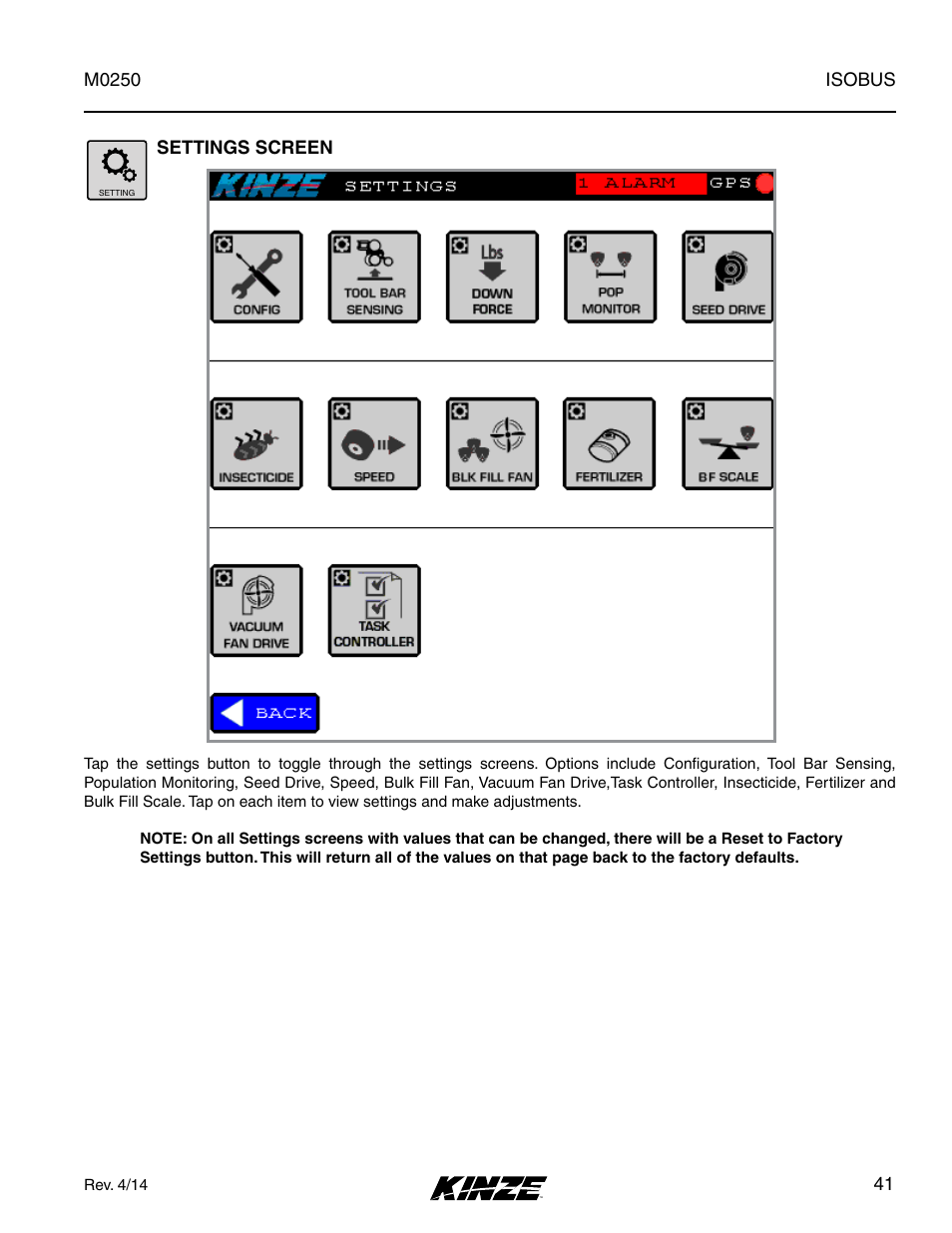 Settings, Settings screen, Isobus m0250 | Kinze ISOBUS Electronics Package (4900) Rev. 4/14 User Manual | Page 45 / 60