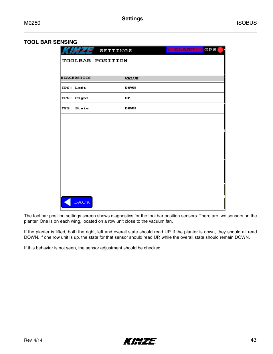 Tool bar sensing | Kinze ISOBUS Electronics Package (4900) Rev. 4/14 User Manual | Page 47 / 60