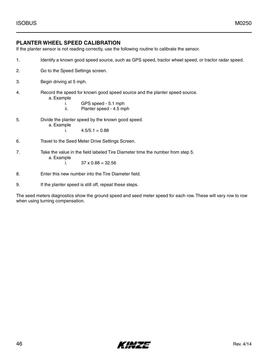 Planter wheel speed calibration | Kinze ISOBUS Electronics Package (4900) Rev. 4/14 User Manual | Page 50 / 60