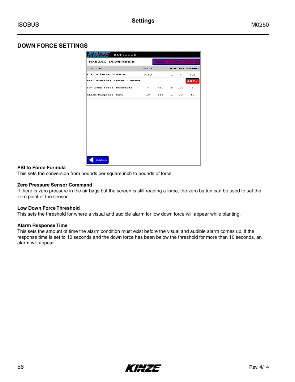 Down force settings | Kinze ISOBUS Electronics Package (4900) Rev. 4/14 User Manual | Page 60 / 60
