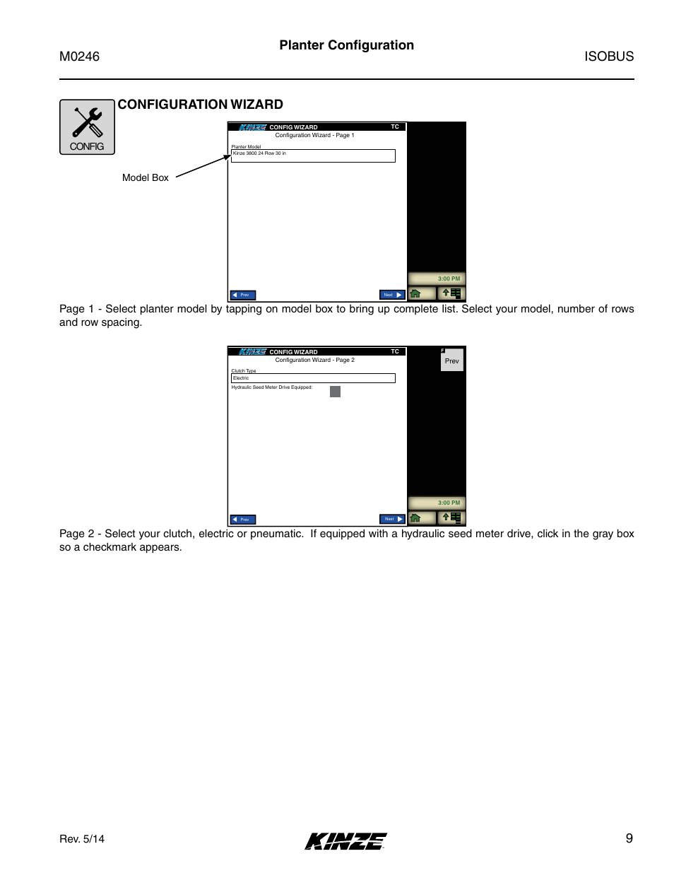 Planter configuration, Configuration wizard, Isobus m0246 | 9planter configuration configuration wizard, Rev. 5/14, Config, Model box | Kinze ISOBUS Electronics Package (3000 Series) Rev. 5/14 User Manual | Page 15 / 46