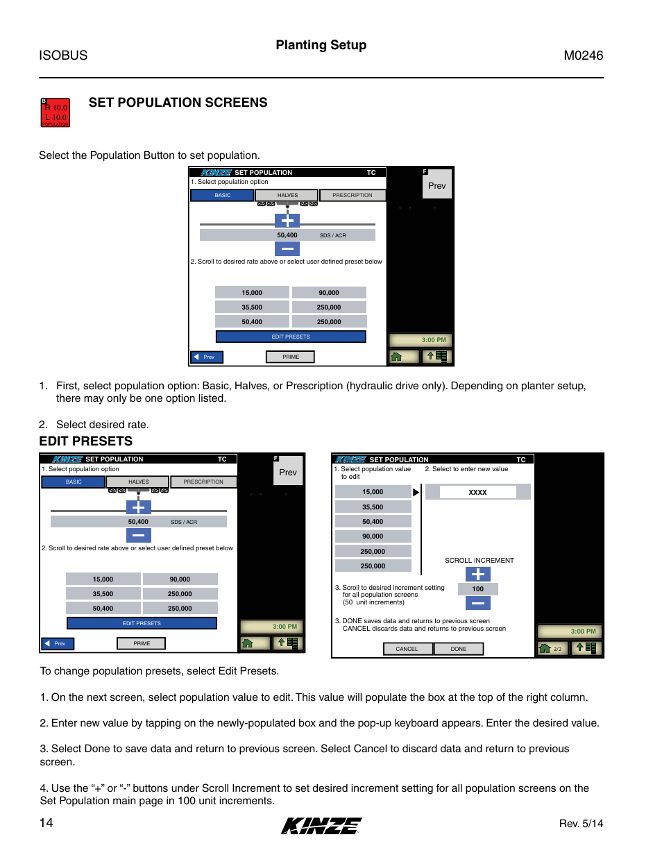 Set population screens, Edit presets, Set population screens edit presets | Planting setup, Rev. 5/14, Select the population button to set population | Kinze ISOBUS Electronics Package (3000 Series) Rev. 5/14 User Manual | Page 20 / 46