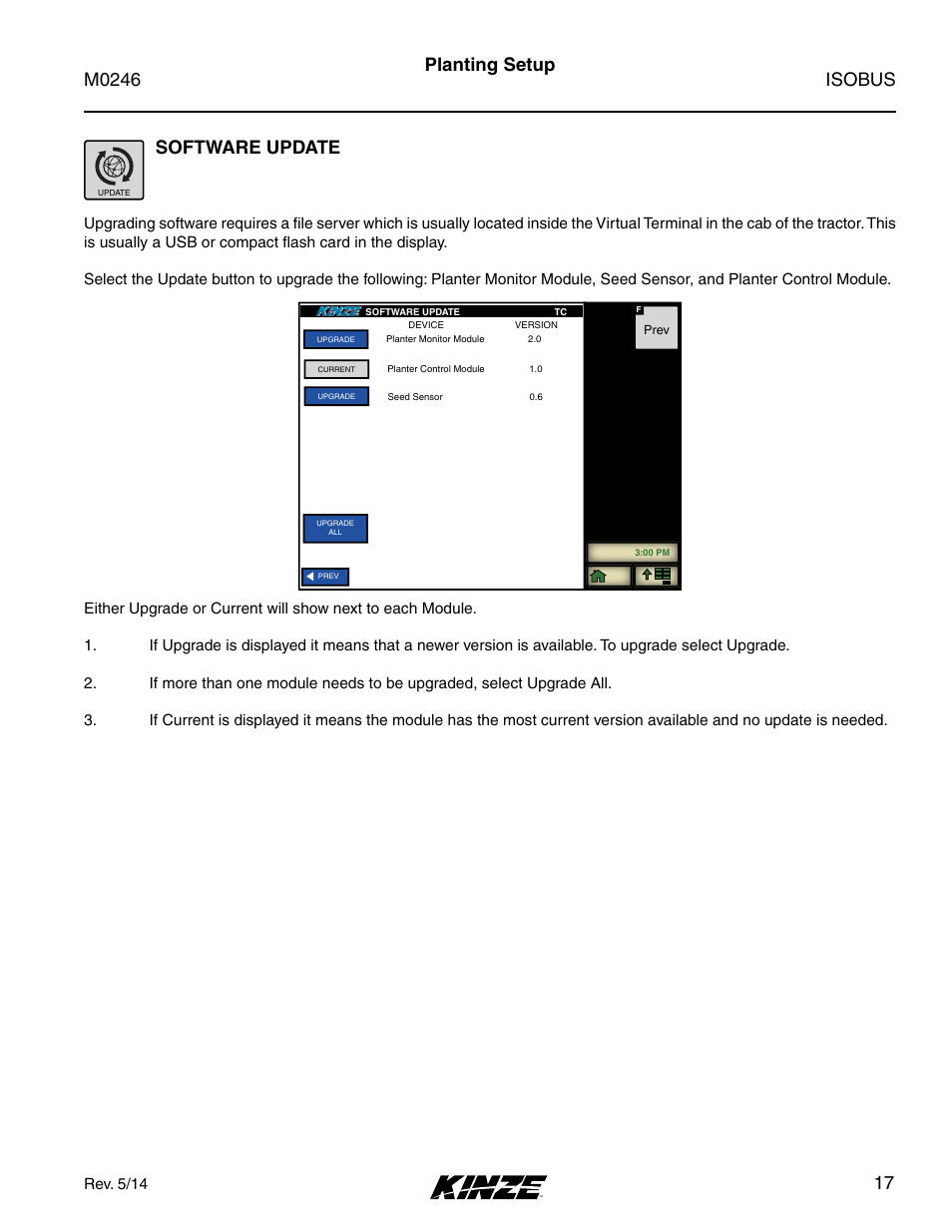 Software update, Isobus m0246, Planting setup | Rev. 5/14 | Kinze ISOBUS Electronics Package (3000 Series) Rev. 5/14 User Manual | Page 23 / 46