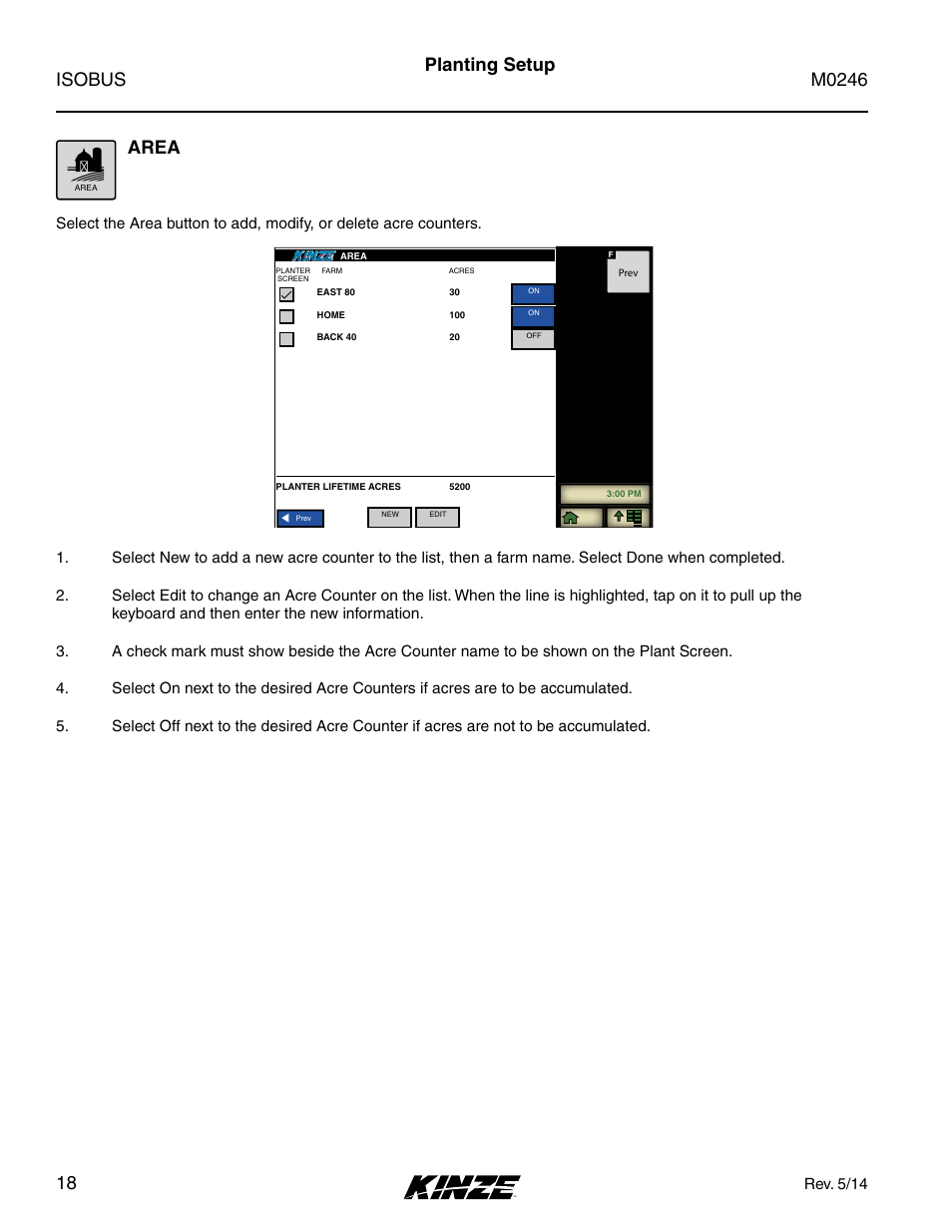 Area, Planting setup, Rev. 5/14 | Kinze ISOBUS Electronics Package (3000 Series) Rev. 5/14 User Manual | Page 24 / 46