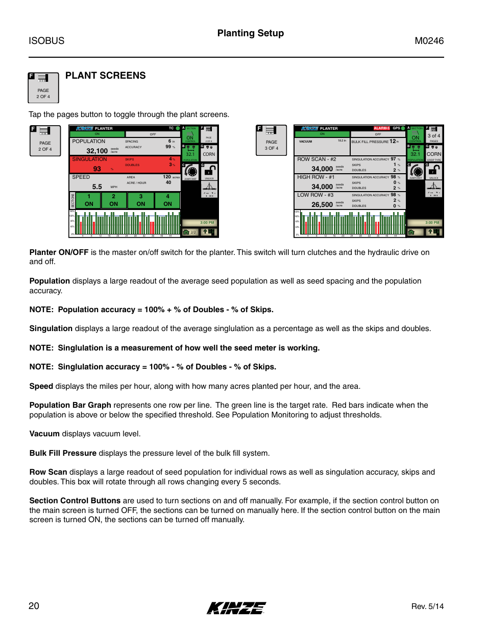 Plant screens, Planting setup, Rev. 5/14 | 1on 2 on 3 on 4 on | Kinze ISOBUS Electronics Package (3000 Series) Rev. 5/14 User Manual | Page 26 / 46