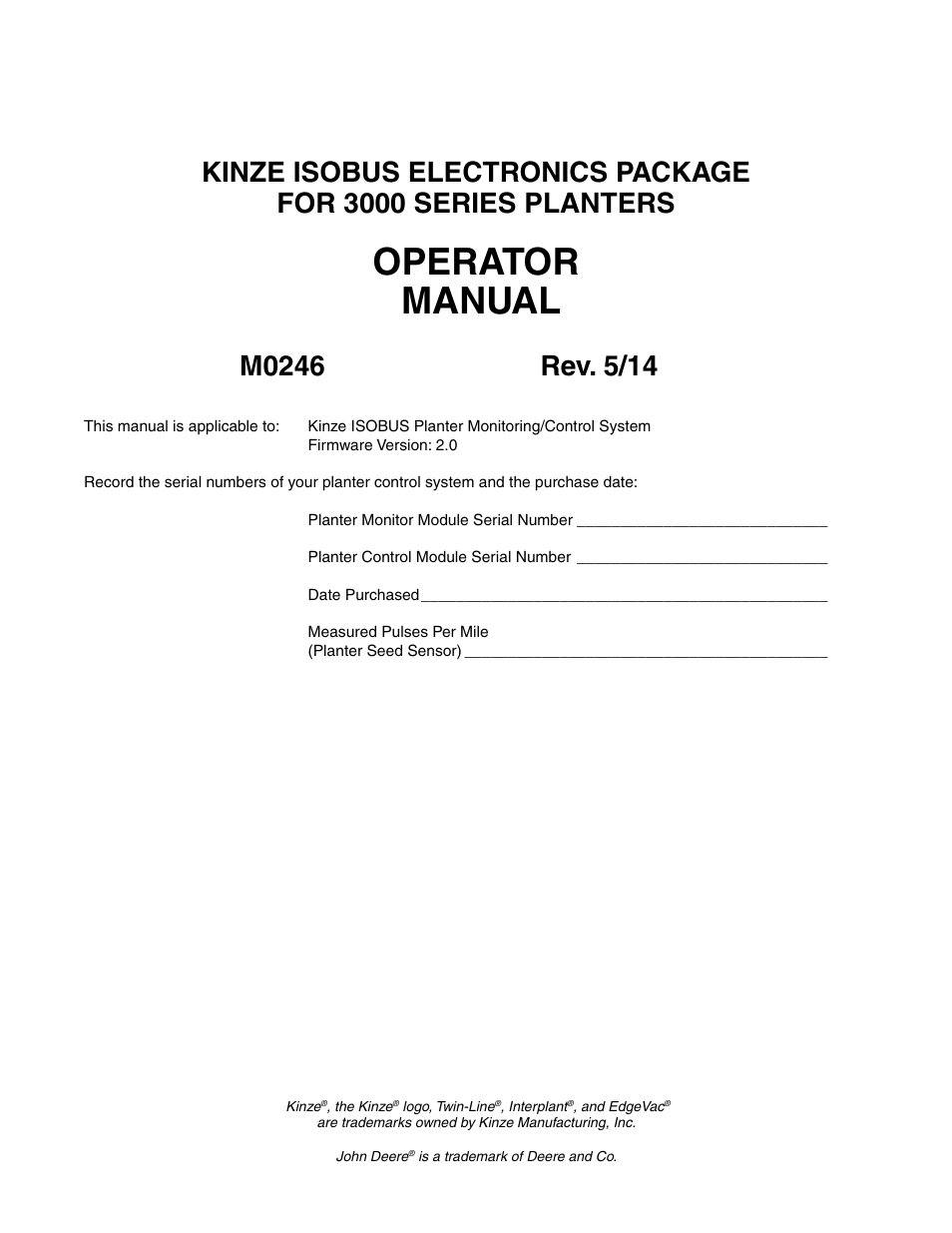 Operator manual | Kinze ISOBUS Electronics Package (3000 Series) Rev. 5/14 User Manual | Page 3 / 46