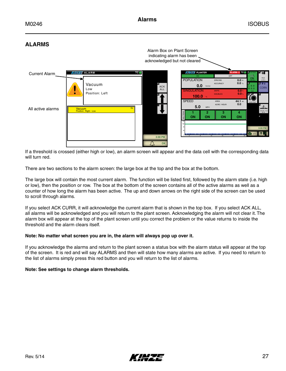 Alarms, Isobus m0246, 27 alarms | Rev. 5/14, Vacuum | Kinze ISOBUS Electronics Package (3000 Series) Rev. 5/14 User Manual | Page 33 / 46