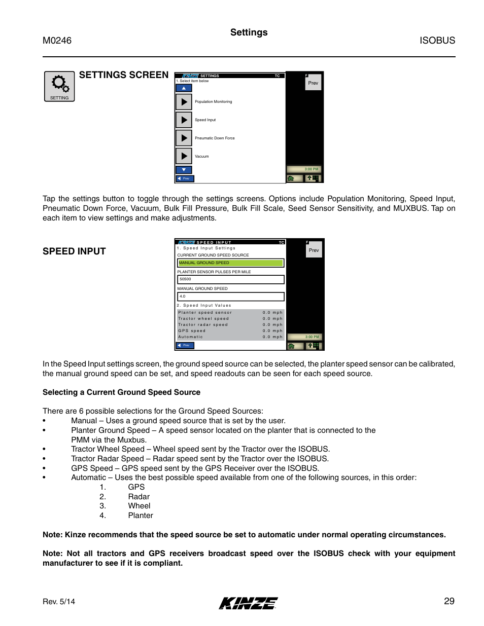 Settings, Settings screen, Speed input | Settings screen speed input, Isobus m0246, 29 settings screen, Rev. 5/14 | Kinze ISOBUS Electronics Package (3000 Series) Rev. 5/14 User Manual | Page 35 / 46