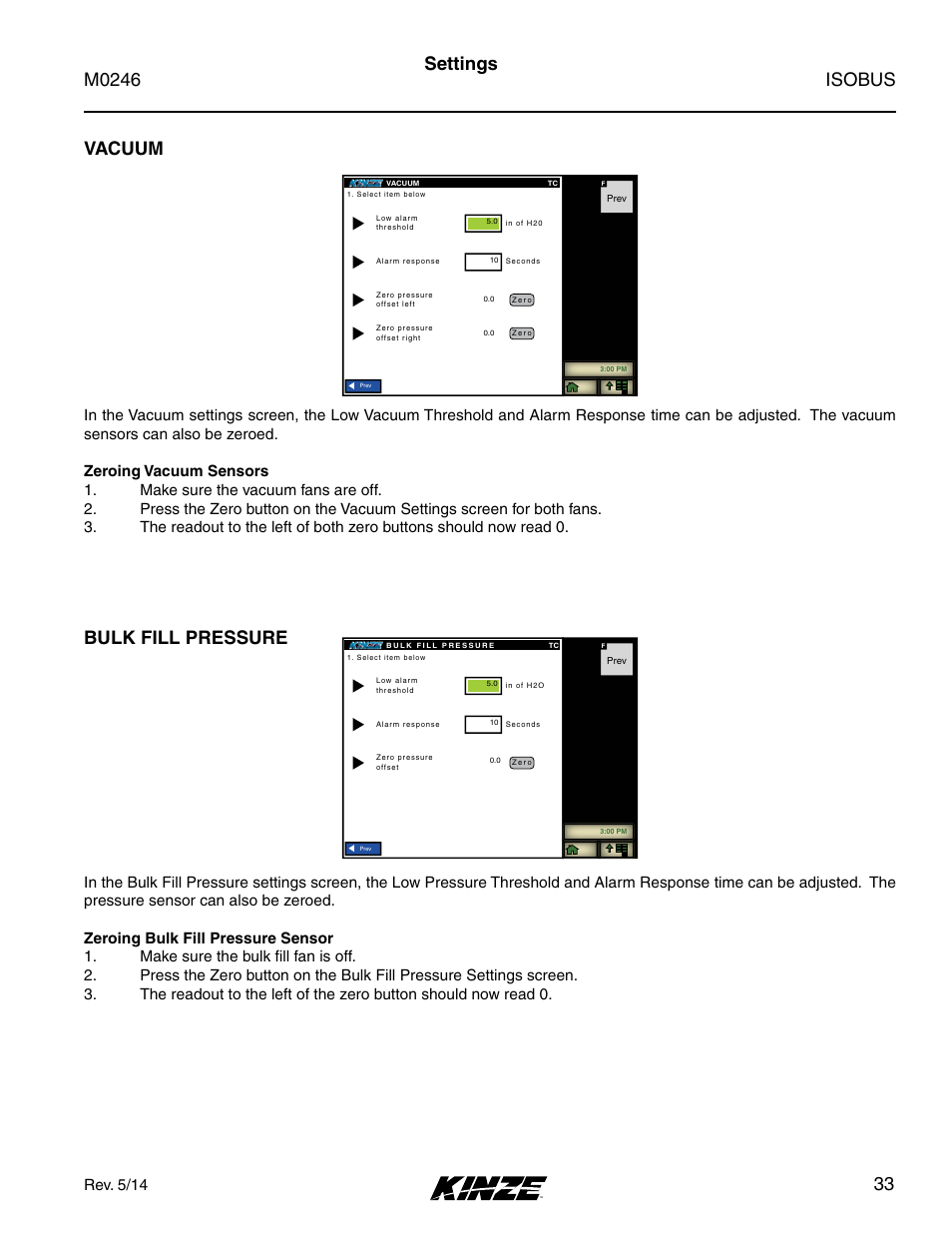 Bulk fill pressure, Vacuum, Isobus m0246 | 33 vacuum, Settings, Rev. 5/14 | Kinze ISOBUS Electronics Package (3000 Series) Rev. 5/14 User Manual | Page 39 / 46