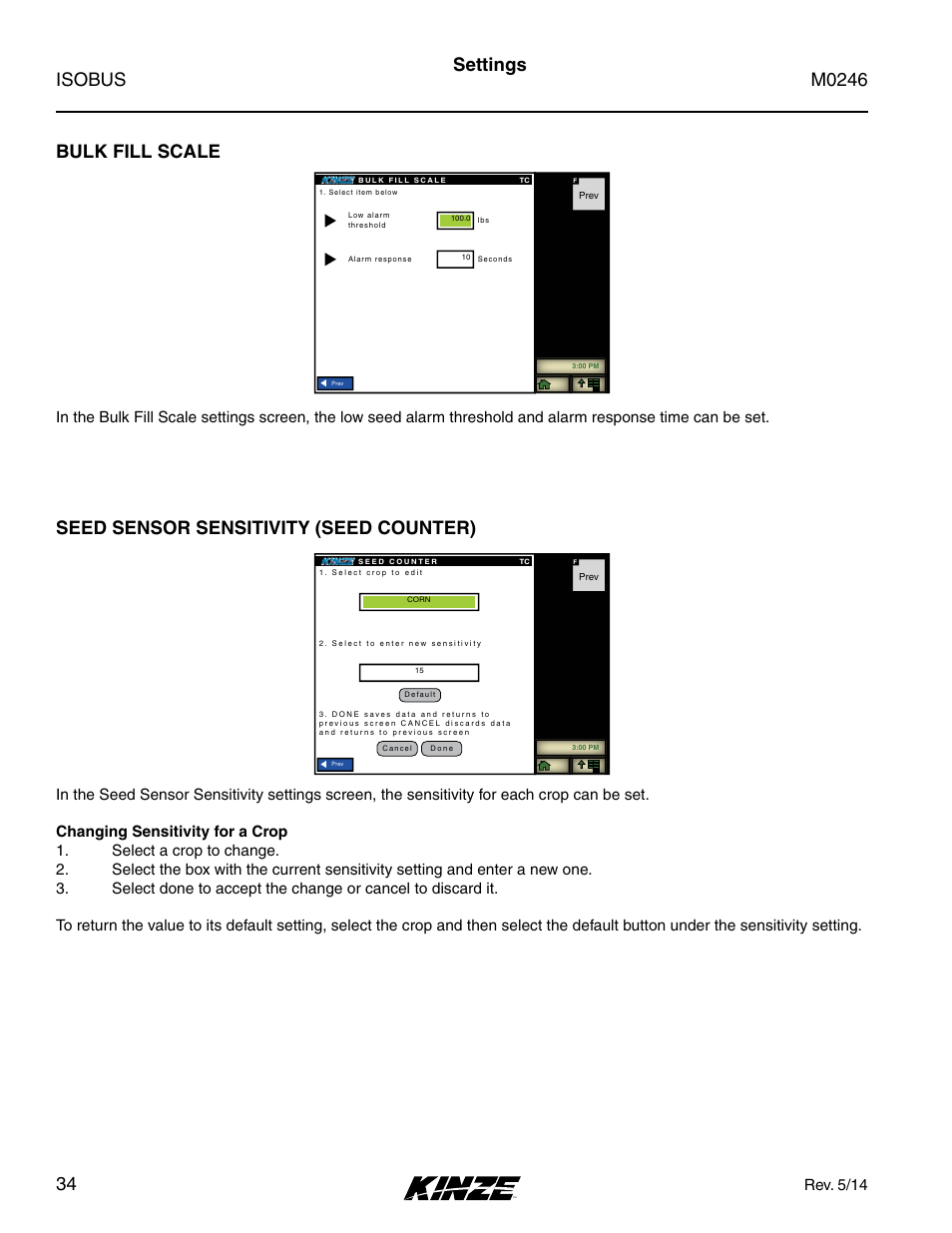 Bulk fill scale, Seed sensor sensitivity (seed counter), Settings | Rev. 5/14 | Kinze ISOBUS Electronics Package (3000 Series) Rev. 5/14 User Manual | Page 40 / 46