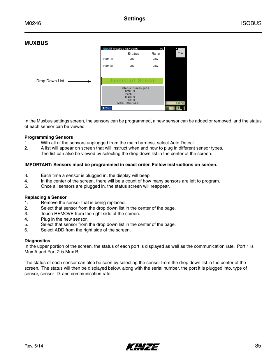 Muxbus, Isobus m0246, 35 muxbus | Settings, Jumpstar t sensor | Kinze ISOBUS Electronics Package (3000 Series) Rev. 5/14 User Manual | Page 41 / 46