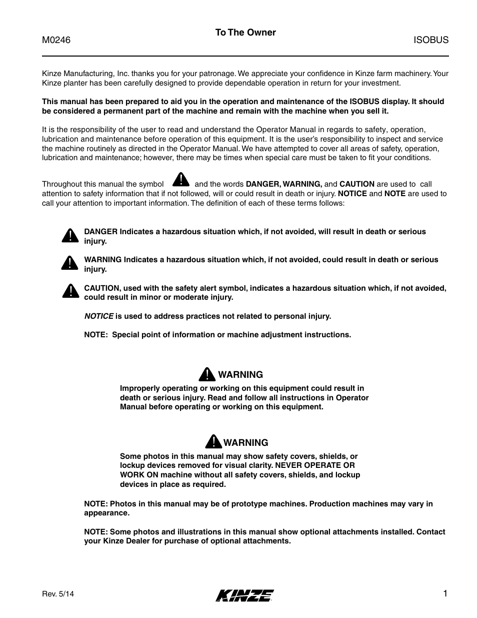Overview, To the owner | Kinze ISOBUS Electronics Package (3000 Series) Rev. 5/14 User Manual | Page 7 / 46