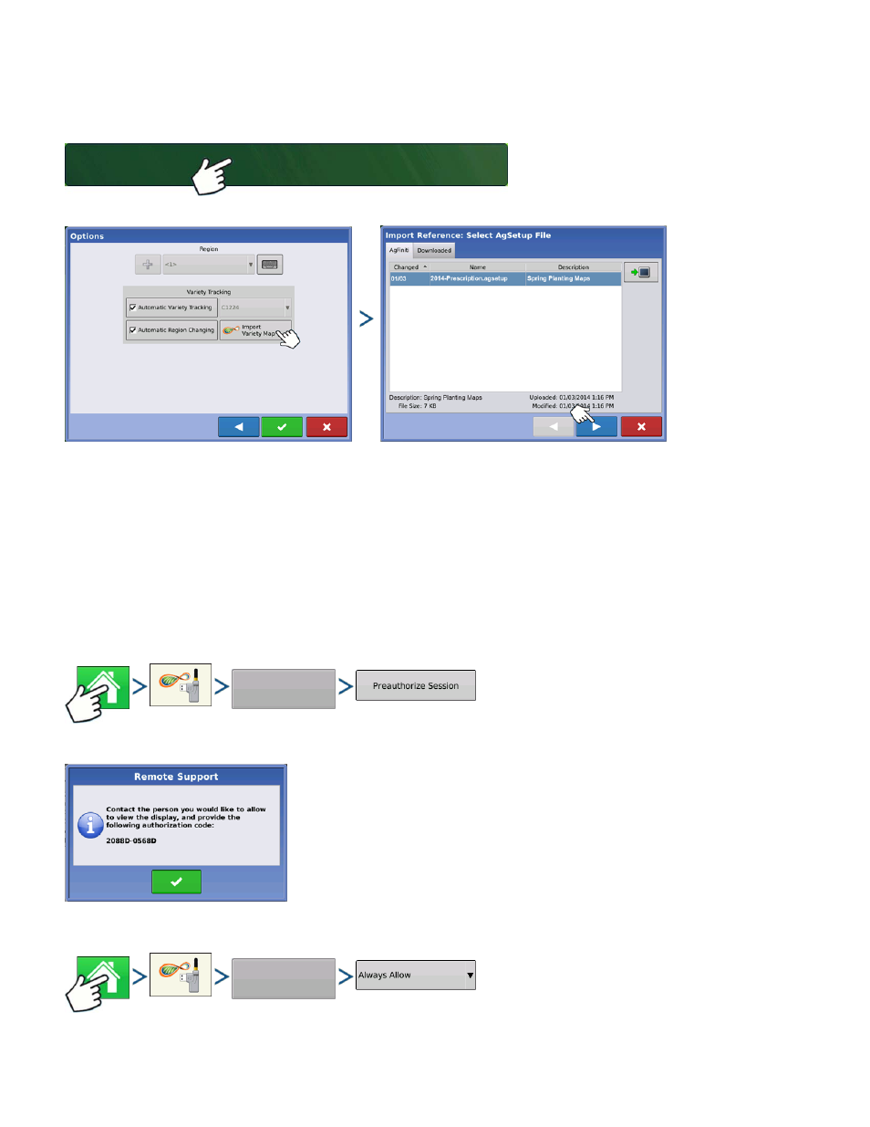 Importing a variety reference map (harvest only), Remote support, Remote support permissions options | Emote, Upport | Kinze Ag Leader Integra User Manual | Page 118 / 350