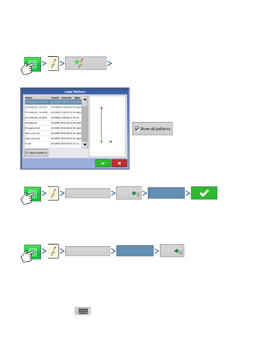 Manage patterns, Spatial sort, Import pattern | Export pattern, Edit pattern, Manage patterns spatial sort, Import pattern export pattern edit pattern, Anage, Atterns, Patial | Kinze Ag Leader Integra User Manual | Page 144 / 350