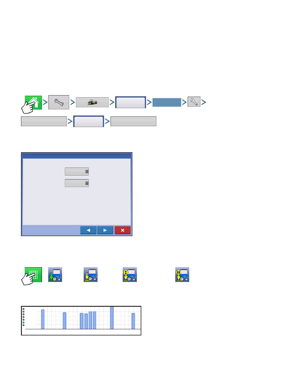 Calibrate pressure sensor, Down force status, Bar graphs on run screen | Calibrate pressure sensor down force status, Alibrate, Ressure, Ensor, Orce, Tatus, Raphs on | Kinze Ag Leader Integra User Manual | Page 200 / 350