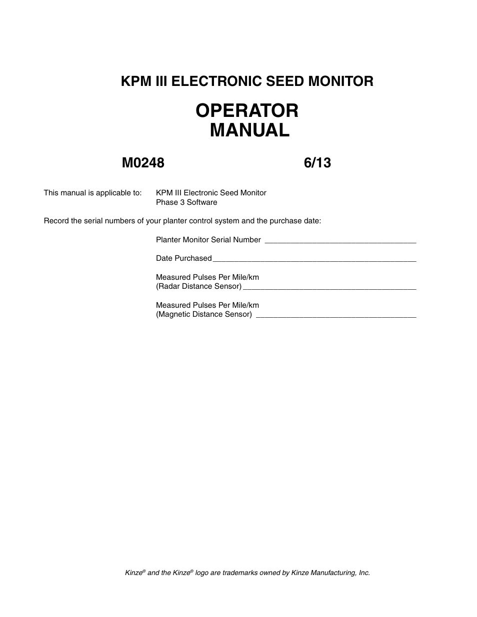 Kinze KPM III User Manual | 28 pages