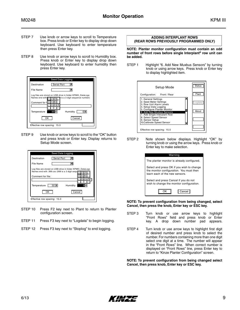 Adding interplant rows, Rear rows previously programmed only), Kpm iii m0248 | 9monitor operation, Setup mode | Kinze KPM III User Manual | Page 11 / 28