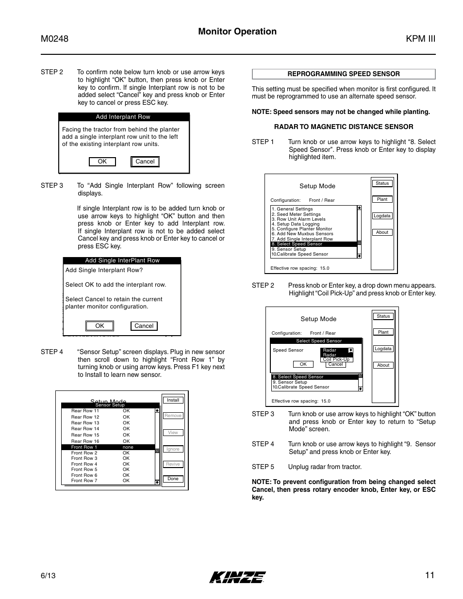 Reprogramming speed sensor, Kpm iii m0248, 11 monitor operation | Setup mode | Kinze KPM III User Manual | Page 13 / 28