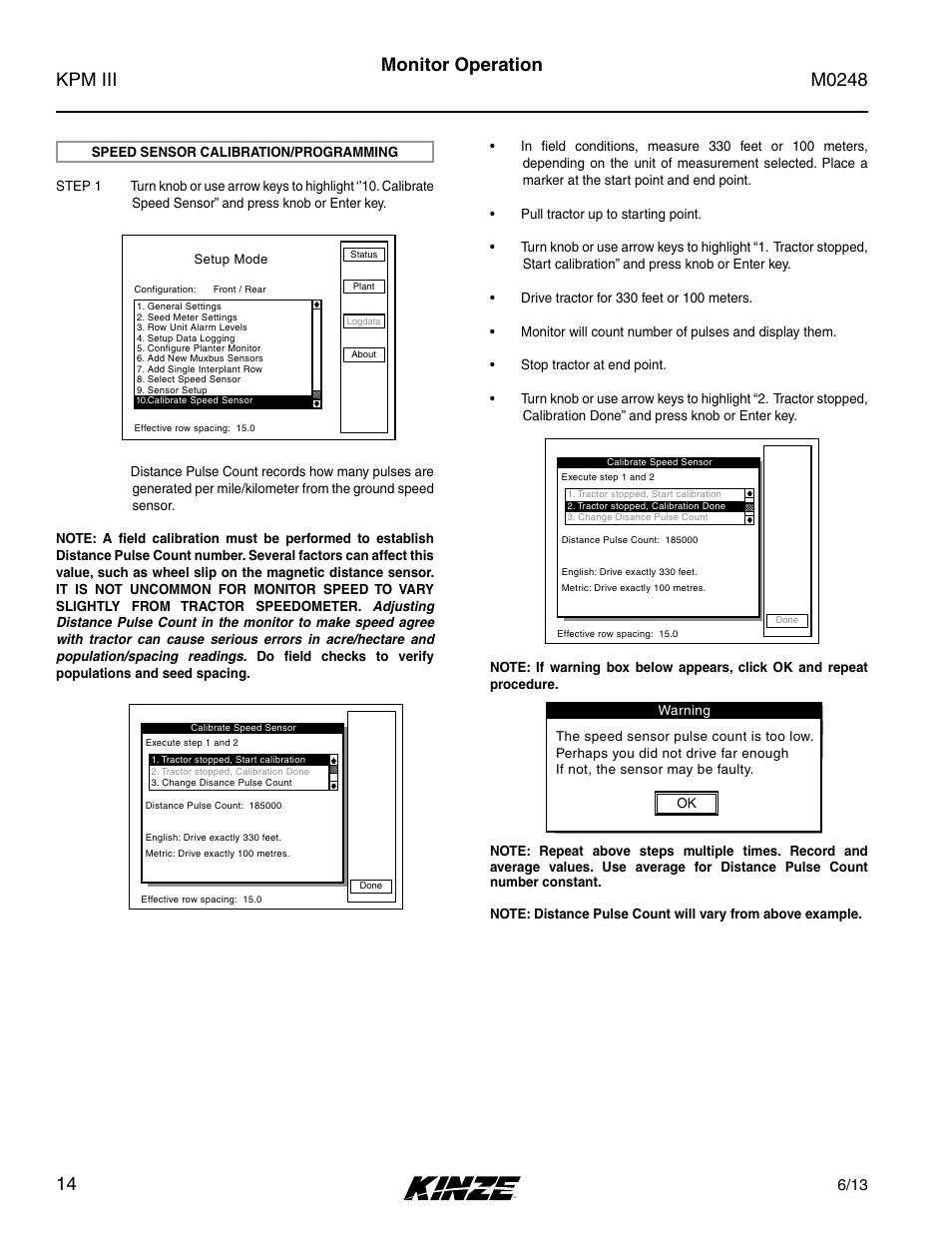 Speed sensor calibration/programming, Monitor operation | Kinze KPM III User Manual | Page 16 / 28