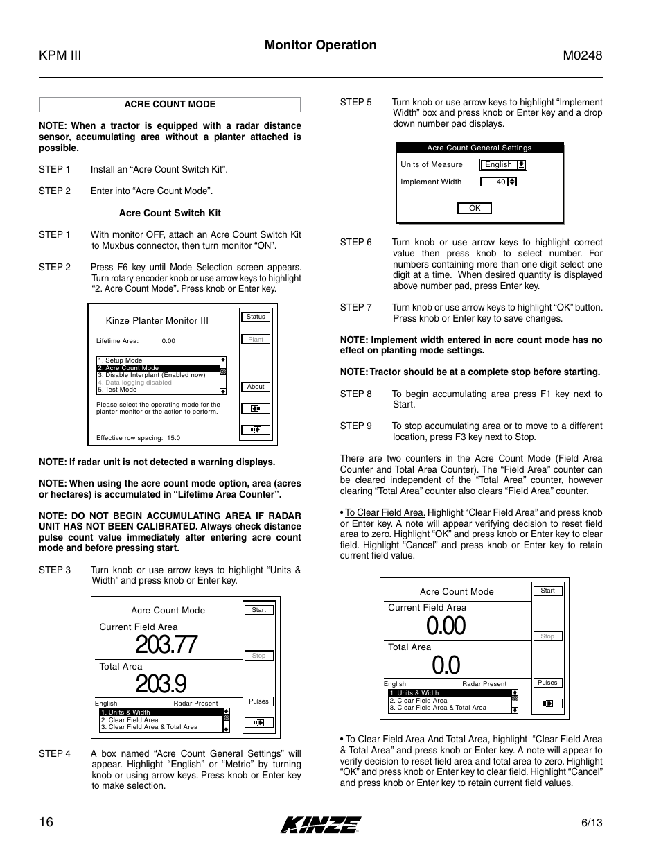 Acre count mode, Monitor operation | Kinze KPM III User Manual | Page 18 / 28