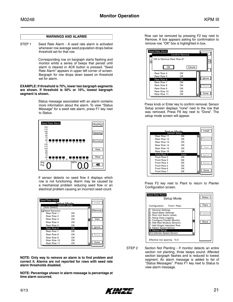Warnings and alarms, Kpm iii m0248, 21 monitor operation | Kinze KPM III User Manual | Page 23 / 28
