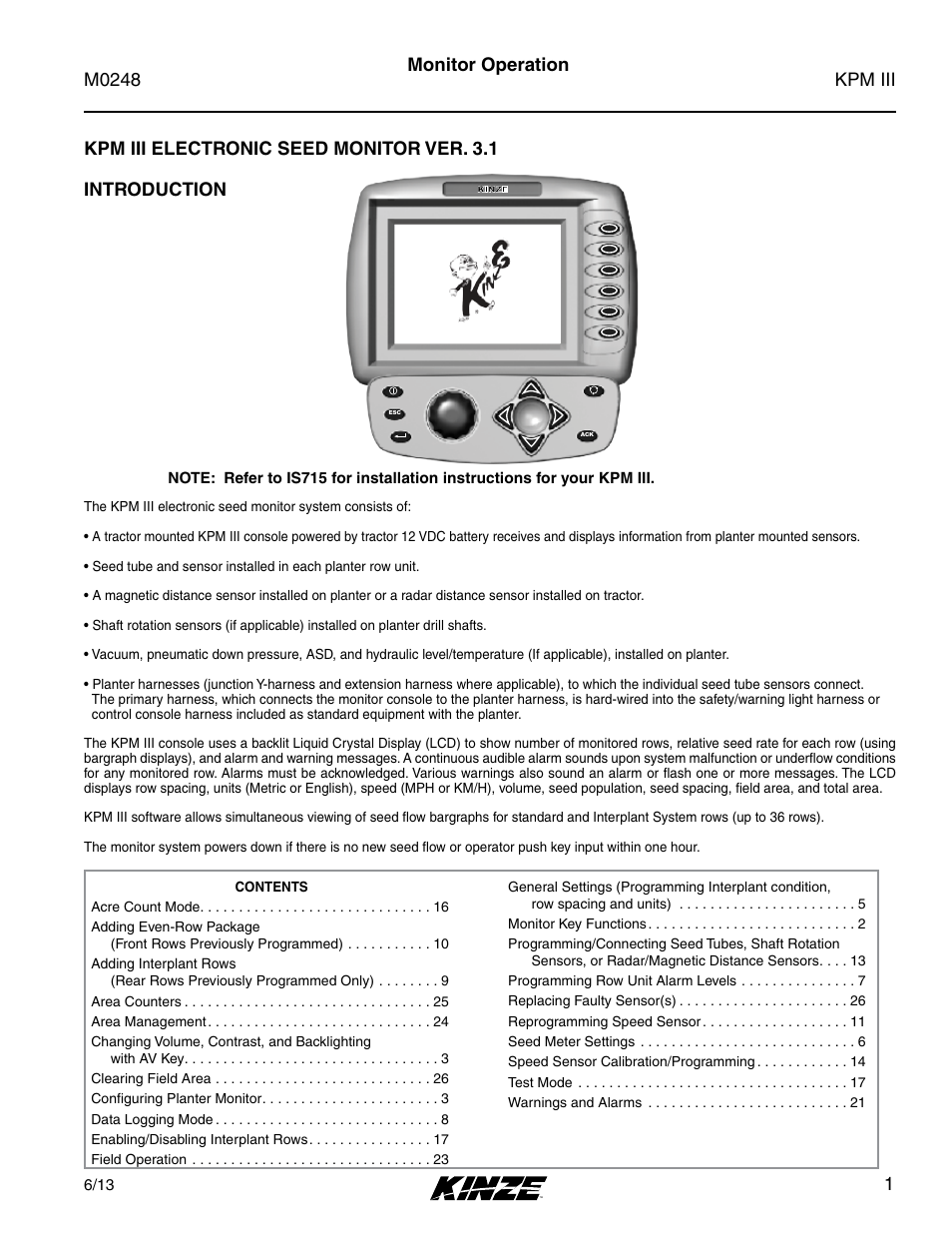 Kpm iii m0248, 1monitor operation | Kinze KPM III User Manual | Page 3 / 28