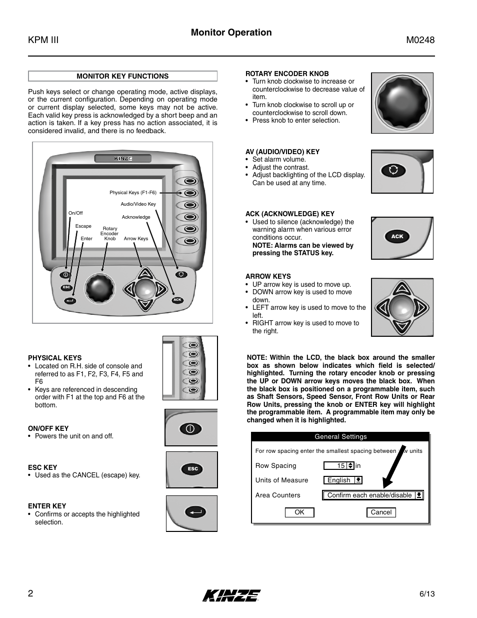 Monitor key functions, Monitor operation | Kinze KPM III User Manual | Page 4 / 28