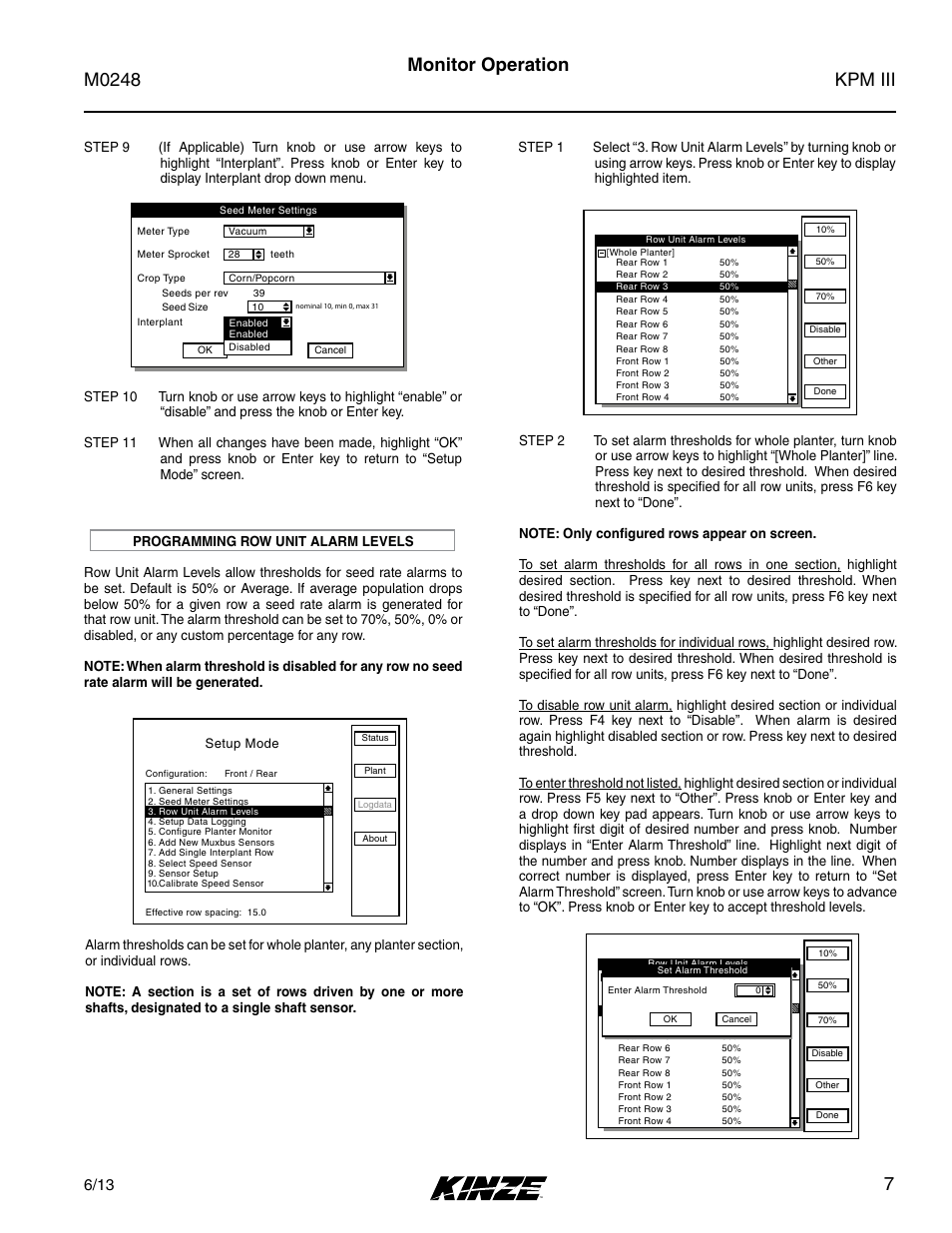 Programming row unit alarm levels, Kpm iii m0248, 7monitor operation | Kinze KPM III User Manual | Page 9 / 28