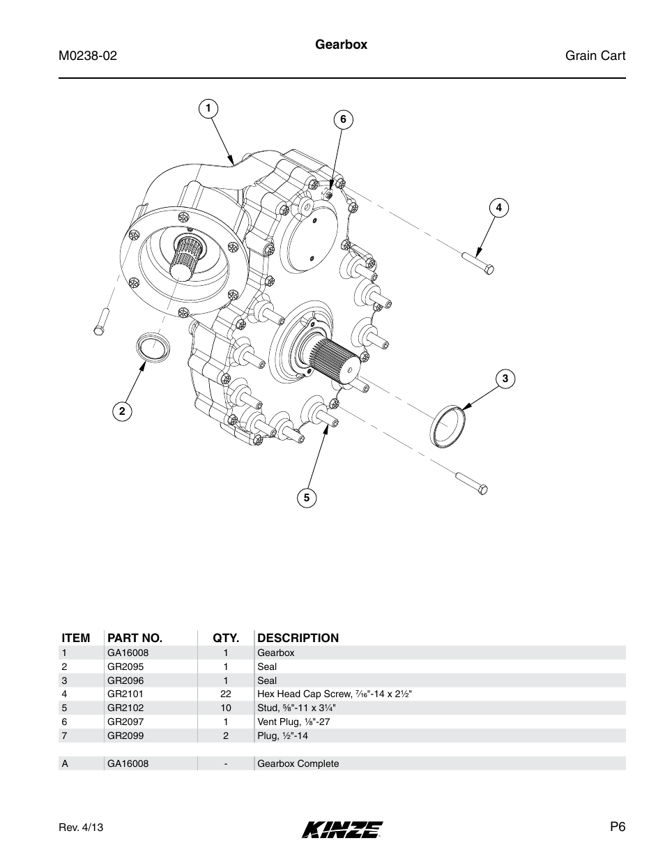 Gearbox, Item part no. qty. description | Kinze Grain Carts Rev. 4/14 User Manual | Page 11 / 176